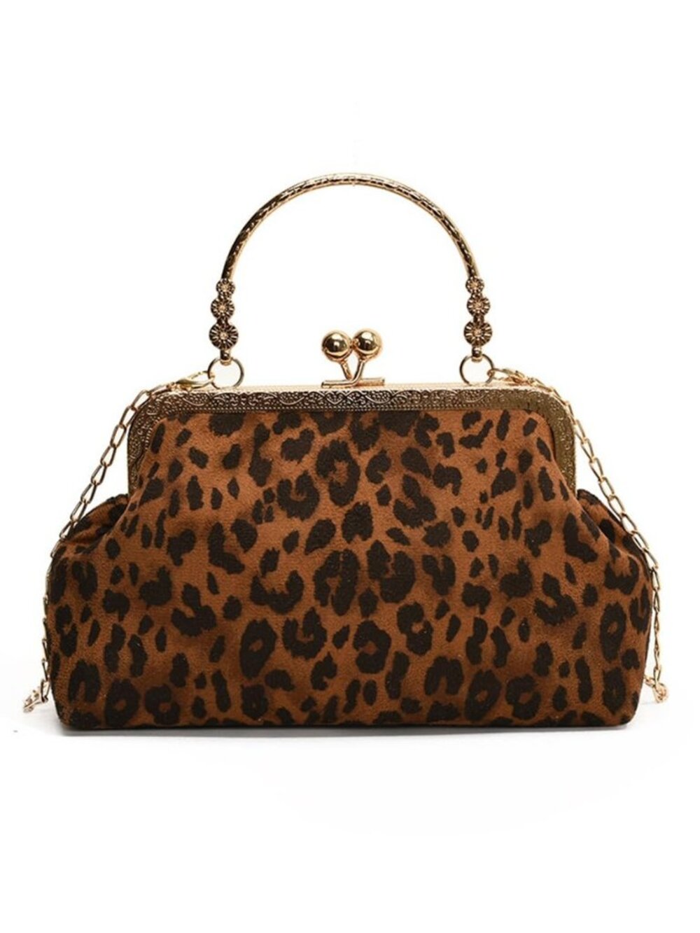 Small Leopard Suede Evening Clutch Purse with Chain Cheetah Print Kiss Lock